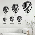 Guitar pick metal sign size guide showing available square dimensions from 8 by 8 to 24 by 24 inches
