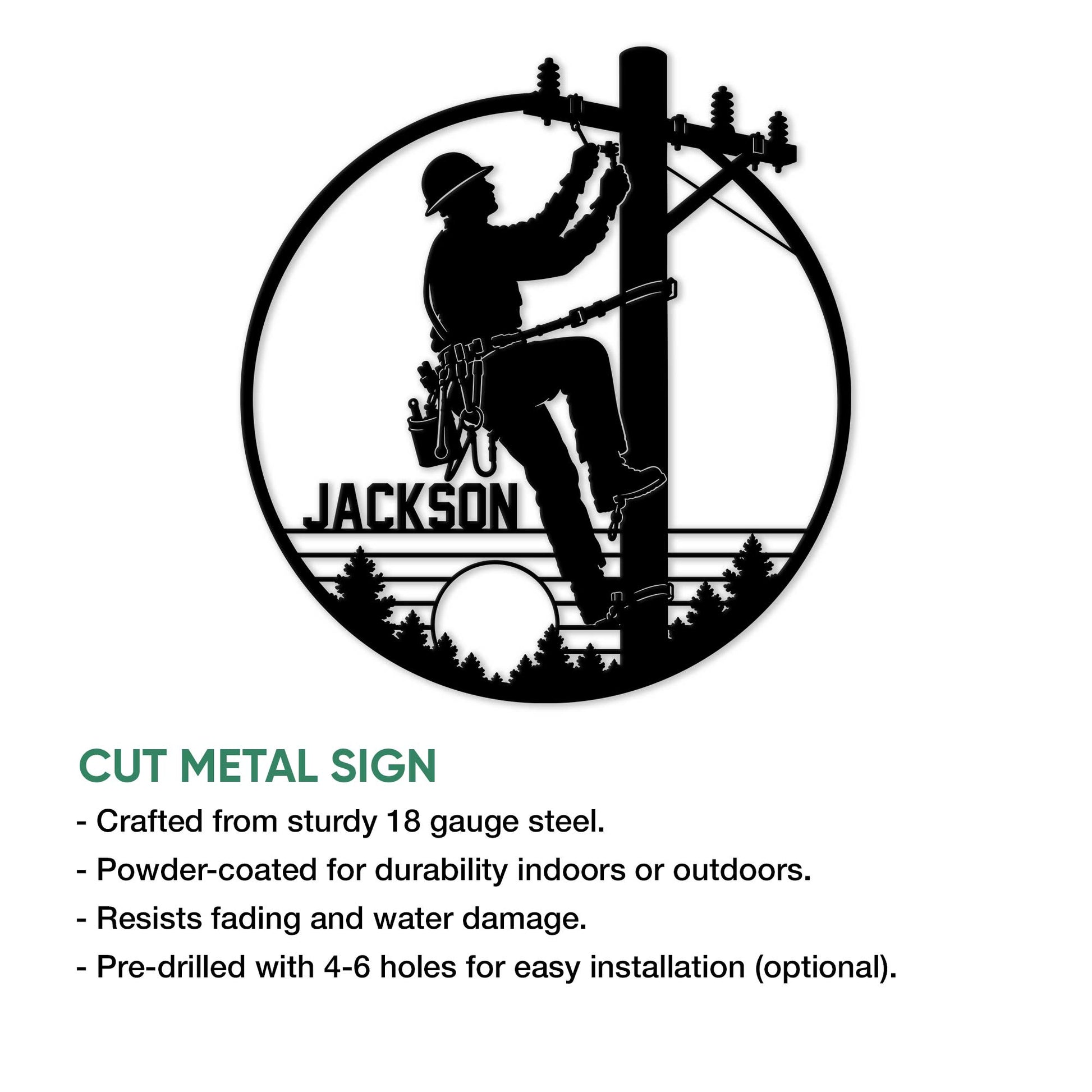 Lineman wall sign feature graphic showing a silhouetted utility worker repairing power lines