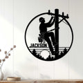 Lineman metal sign displayed on a light wood wall as utility worker decor for a home or workshop