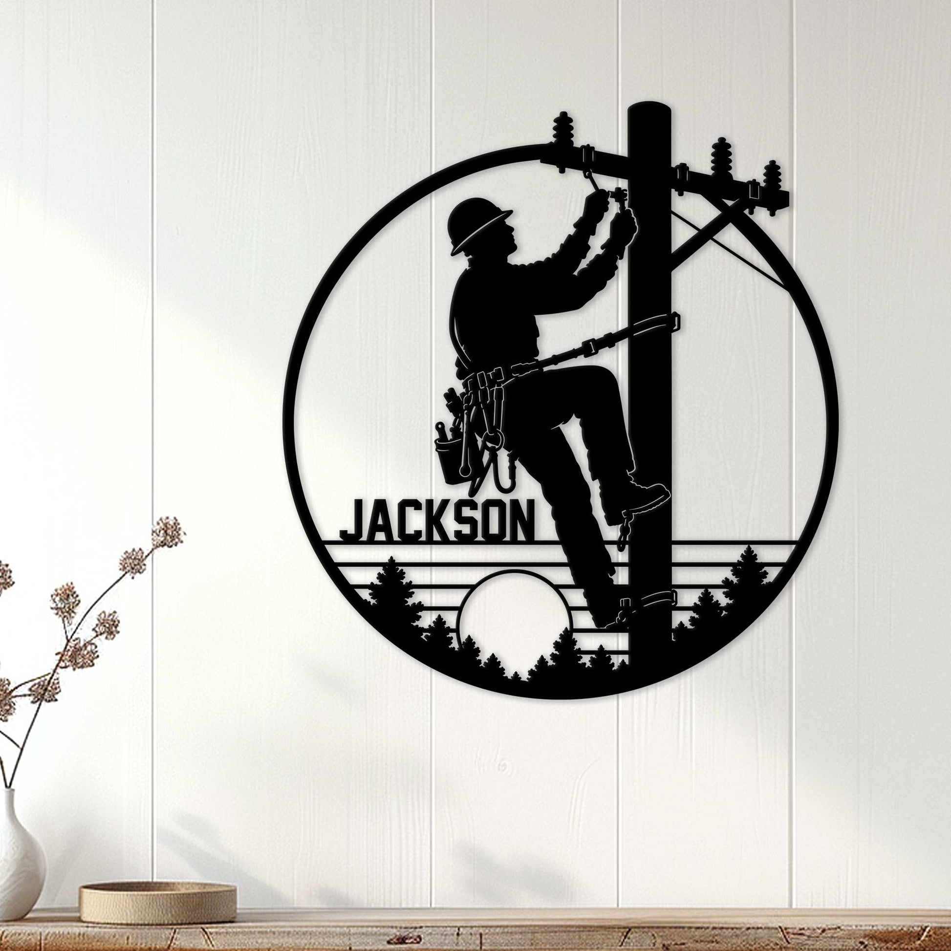 Lineman metal sign displayed on a light wood wall as utility worker decor for a home or workshop