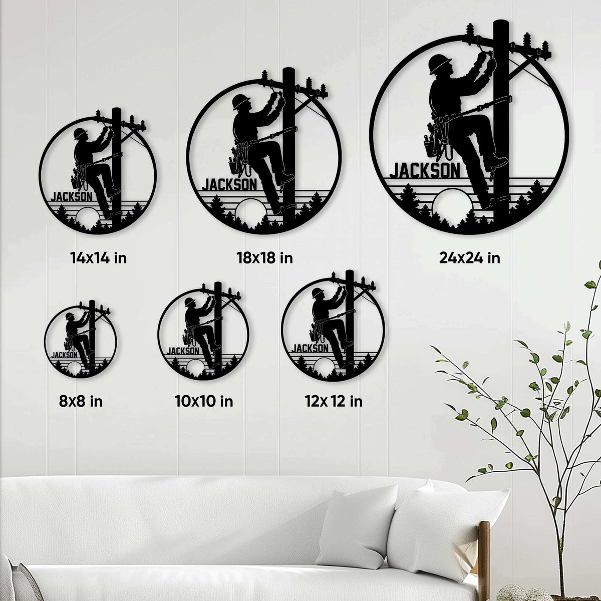 Lineman sign size guide showing round wall decor options from 8 by 8 to 24 by 24 inches