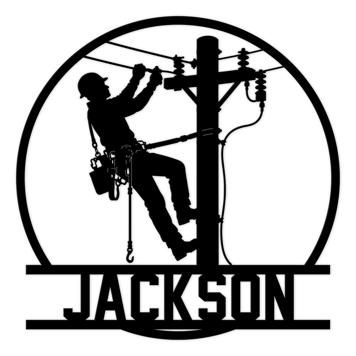 Custom lineman metal sign featuring a utility worker climbing a power pole in bold black silhouette