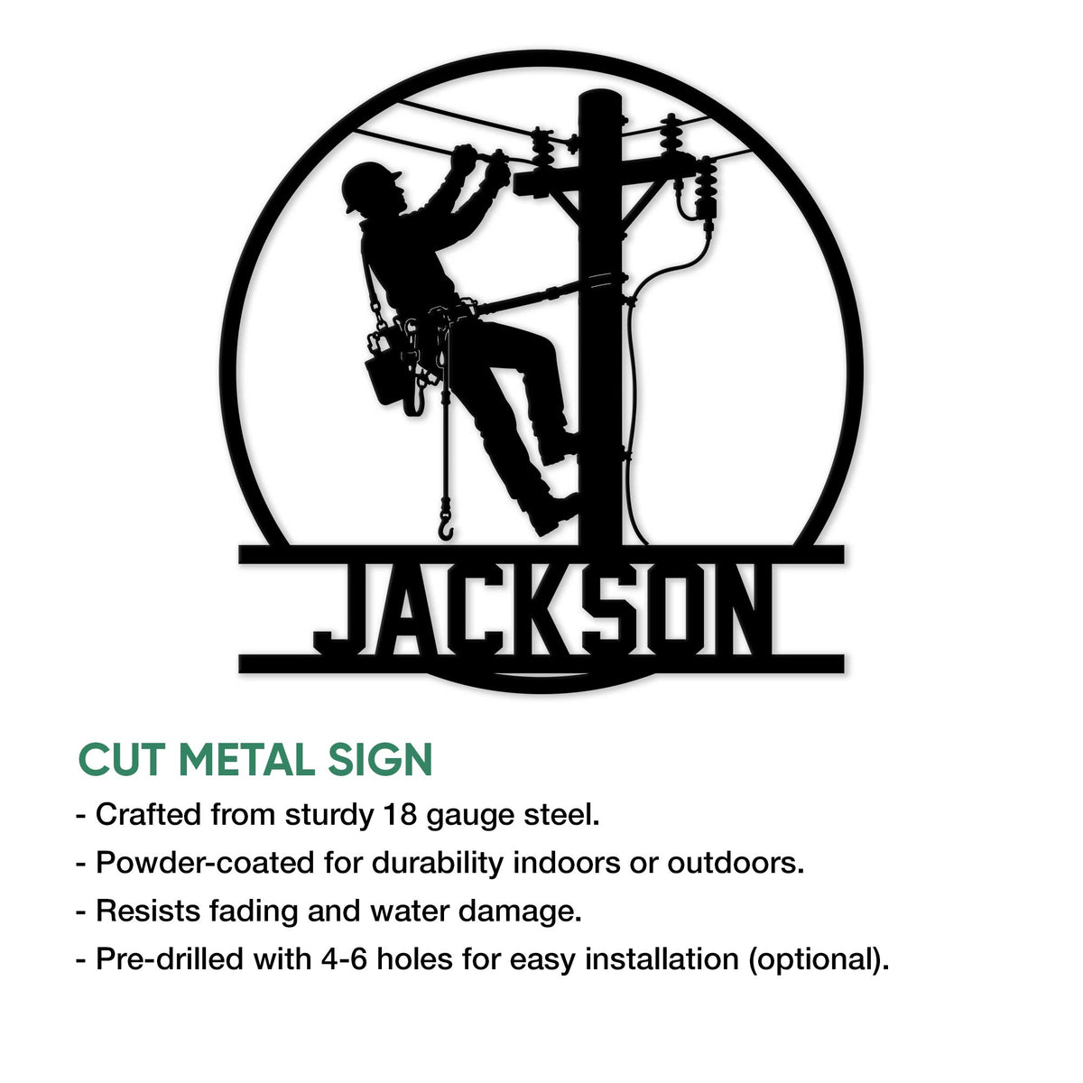 Lineman metal sign feature graphic showing a utility worker, power lines, and circular silhouette design