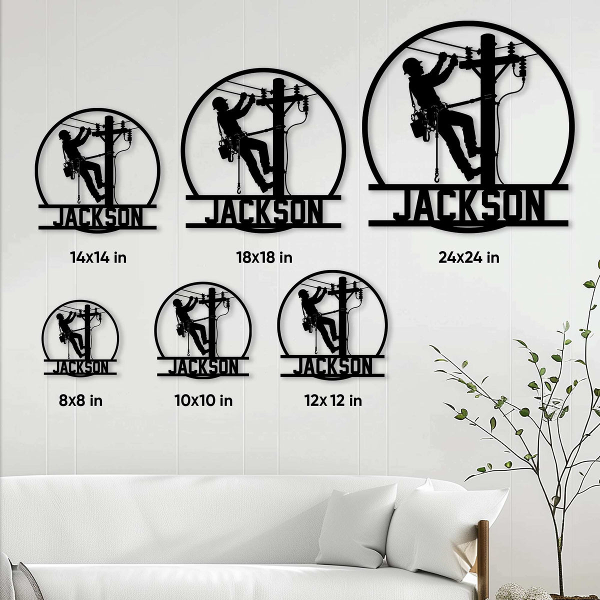Lineman metal sign size guide showing the power line worker design in six available square sizes