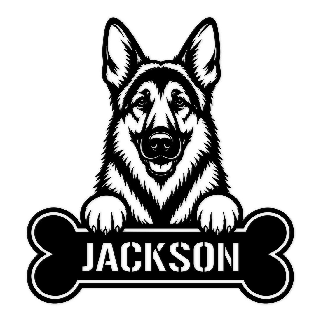 Custom German Shepherd metal sign featuring a bold black-and-white dog portrait above a bone-shaped design