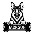 Custom German Shepherd metal sign featuring a bold black-and-white dog portrait above a bone-shaped design