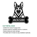 German Shepherd cut metal sign shown in a product feature graphic with a bone-shaped silhouette