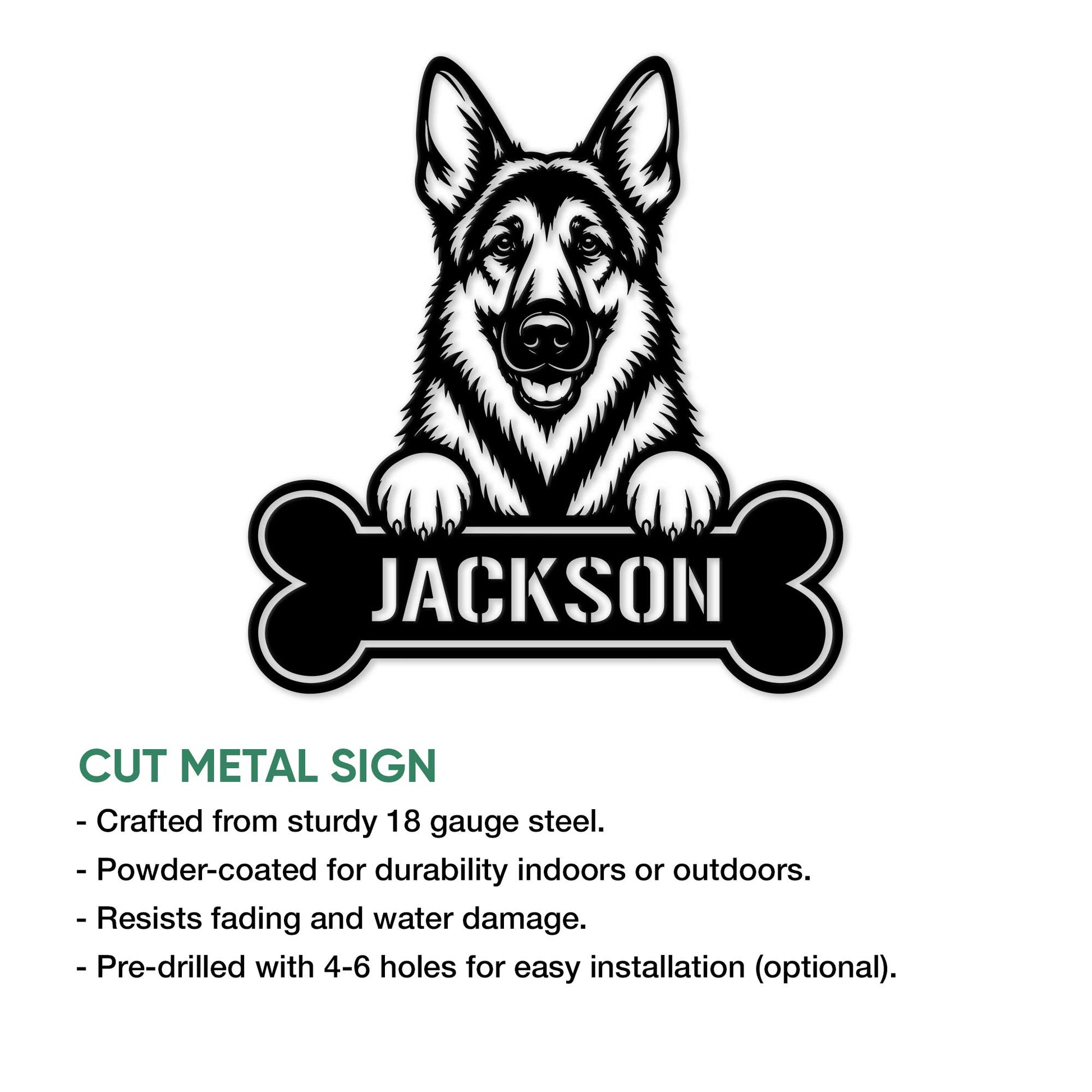 German Shepherd cut metal sign shown in a product feature graphic with a bone-shaped silhouette