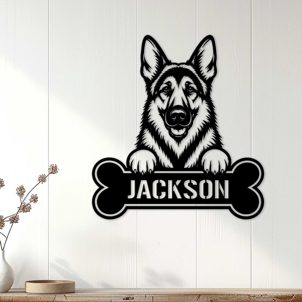 German Shepherd metal wall sign displayed on a white paneled wall in a home decor setting
