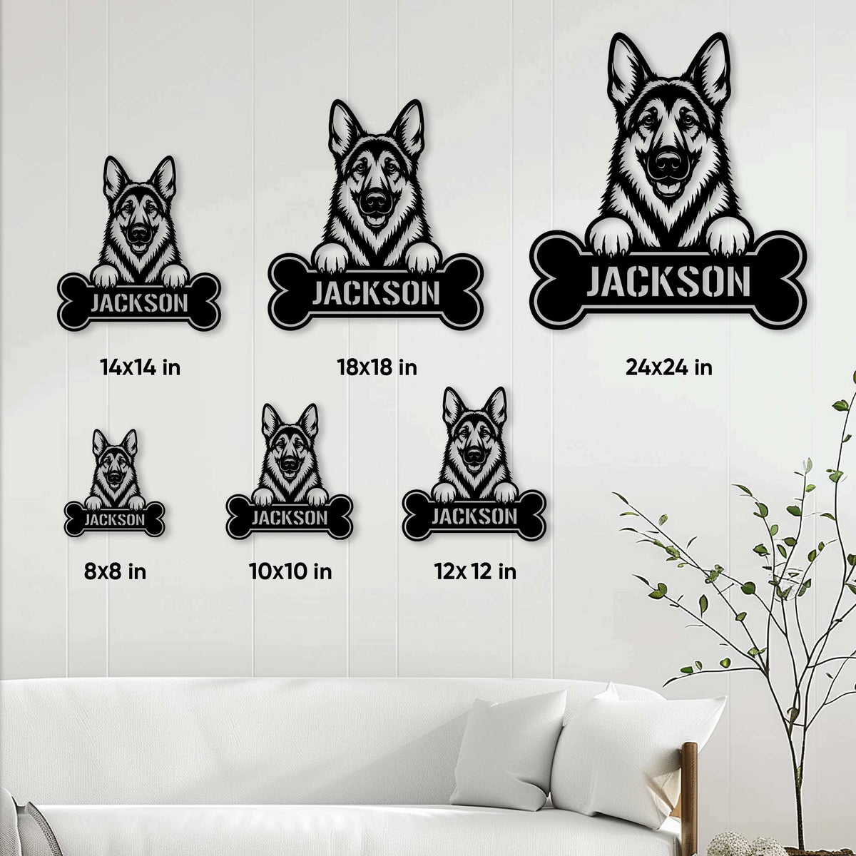 German Shepherd metal sign size guide showing six available square size options