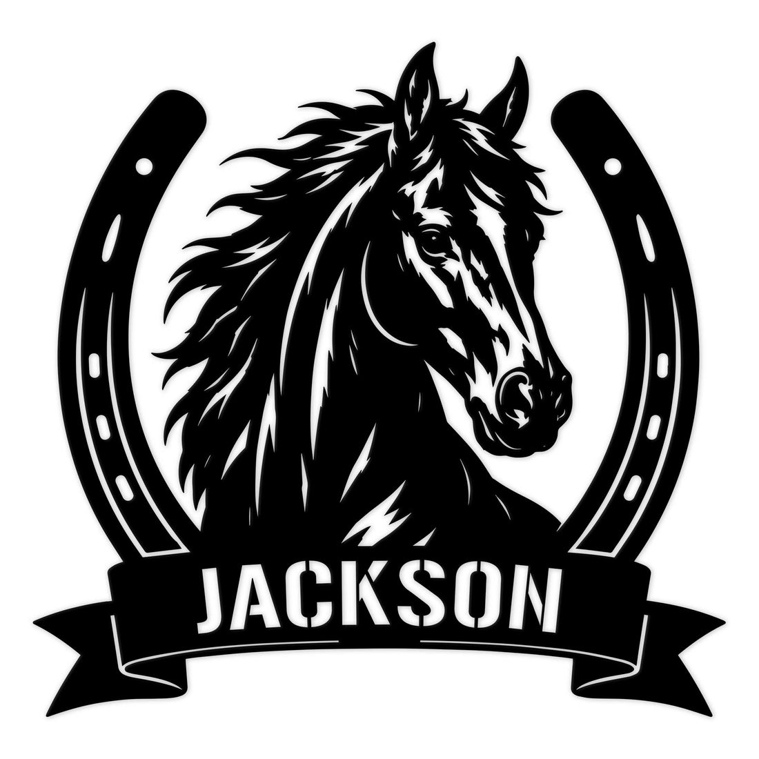 Custom horse metal sign featuring a bold horse portrait framed by a horseshoe and flowing banner