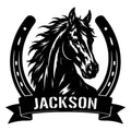 Custom horse metal sign featuring a bold horse portrait framed by a horseshoe and flowing banner