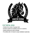 Horse metal sign feature graphic showing the horseshoe portrait design with product highlights
