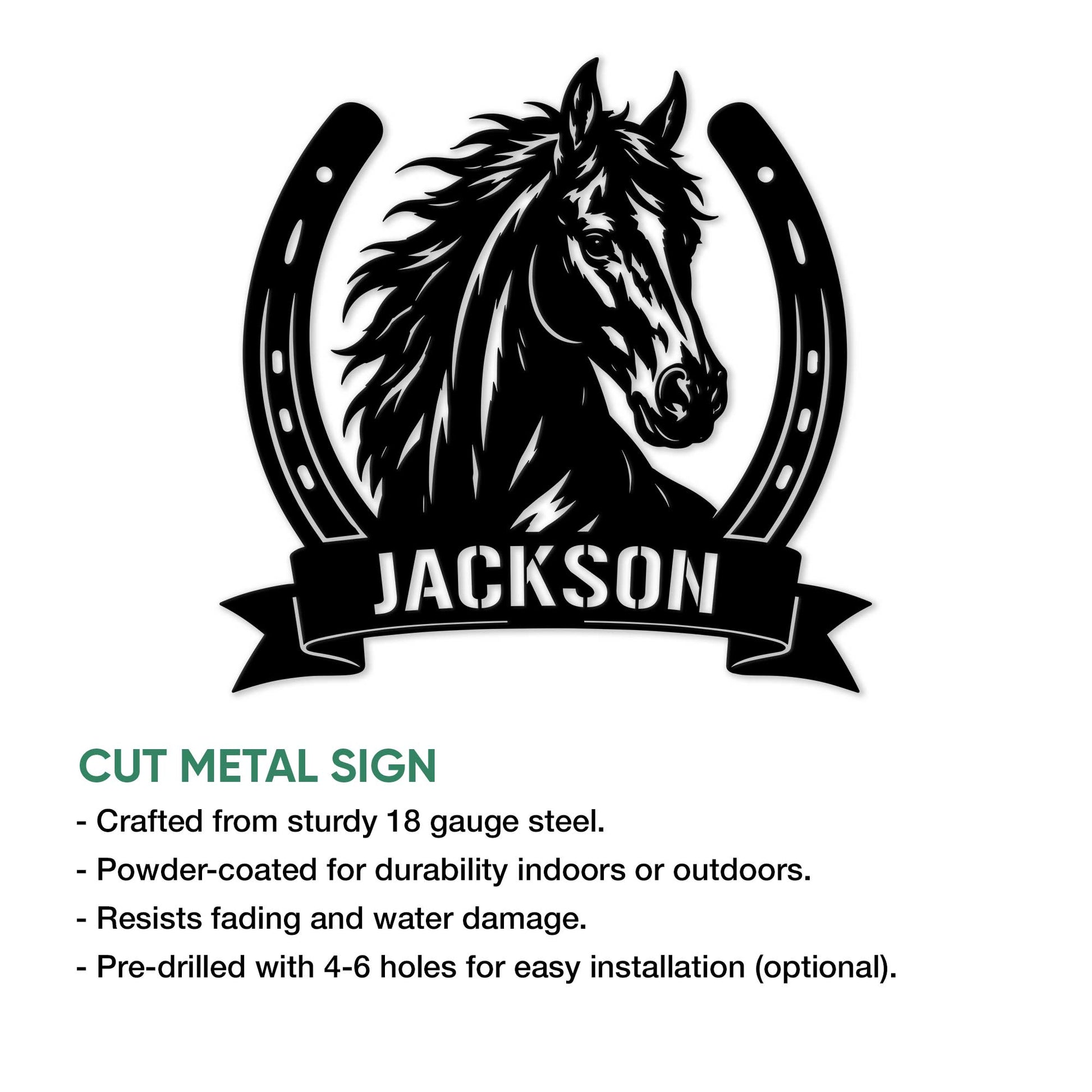 Horse metal sign feature graphic showing the horseshoe portrait design with product highlights