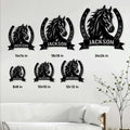 Horse metal sign size guide showing several available square dimensions in a room setting