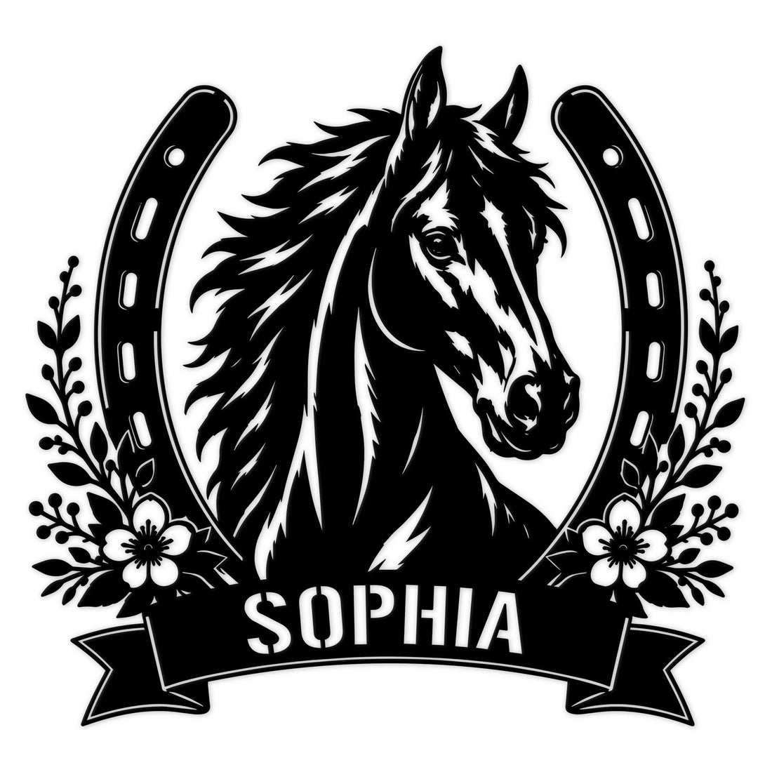 Custom horse metal sign featuring a detailed horse portrait framed by a horseshoe and floral accents