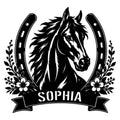 Custom horse metal sign featuring a detailed horse portrait framed by a horseshoe and floral accents