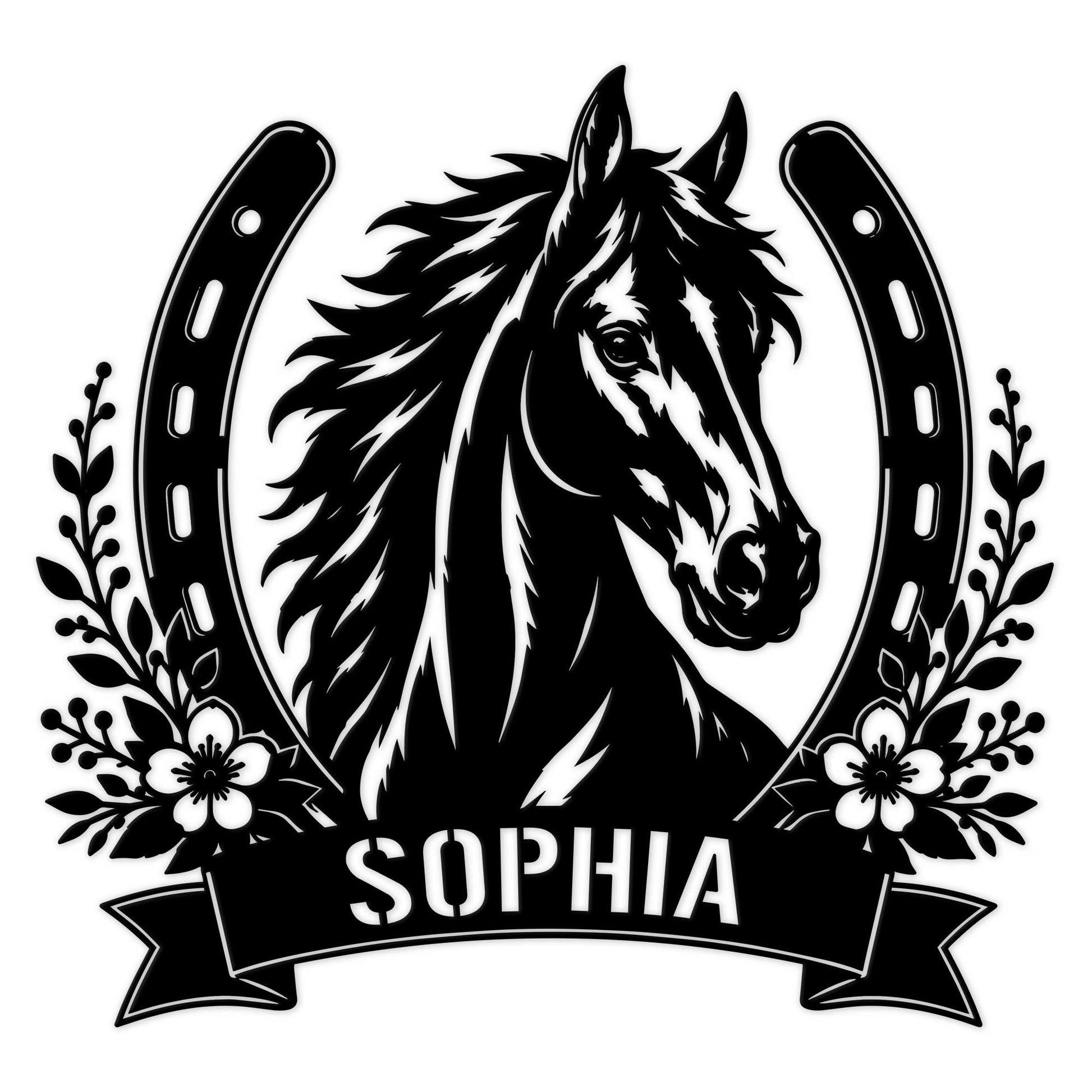 Custom horse metal sign featuring a detailed horse portrait framed by a horseshoe and floral accents