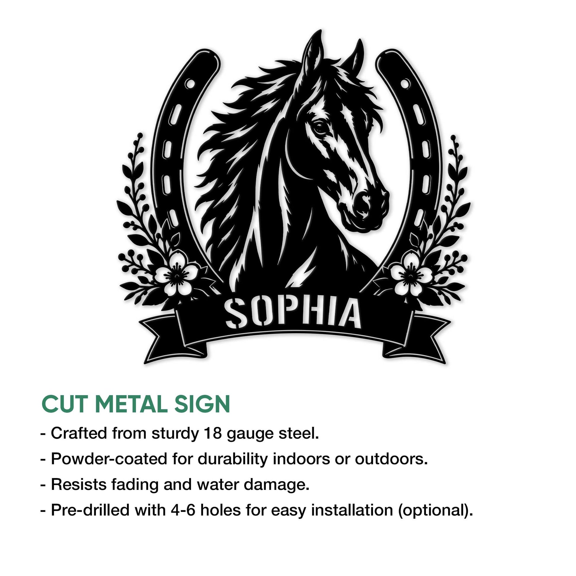 Horse metal sign product graphic showing a horseshoe-framed horse portrait and cut metal sign presentation
