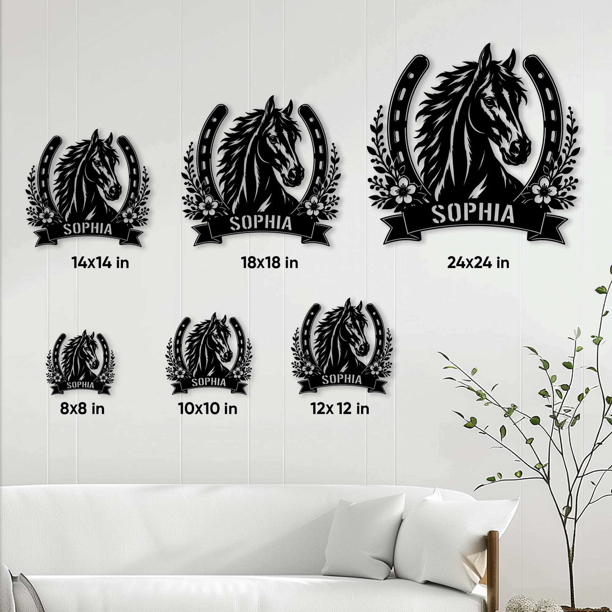 Horse metal sign size guide showing 8, 10, 12, 14, 18, and 24 inch options