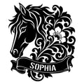Ornate horse head metal sign with floral scrollwork and decorative banner