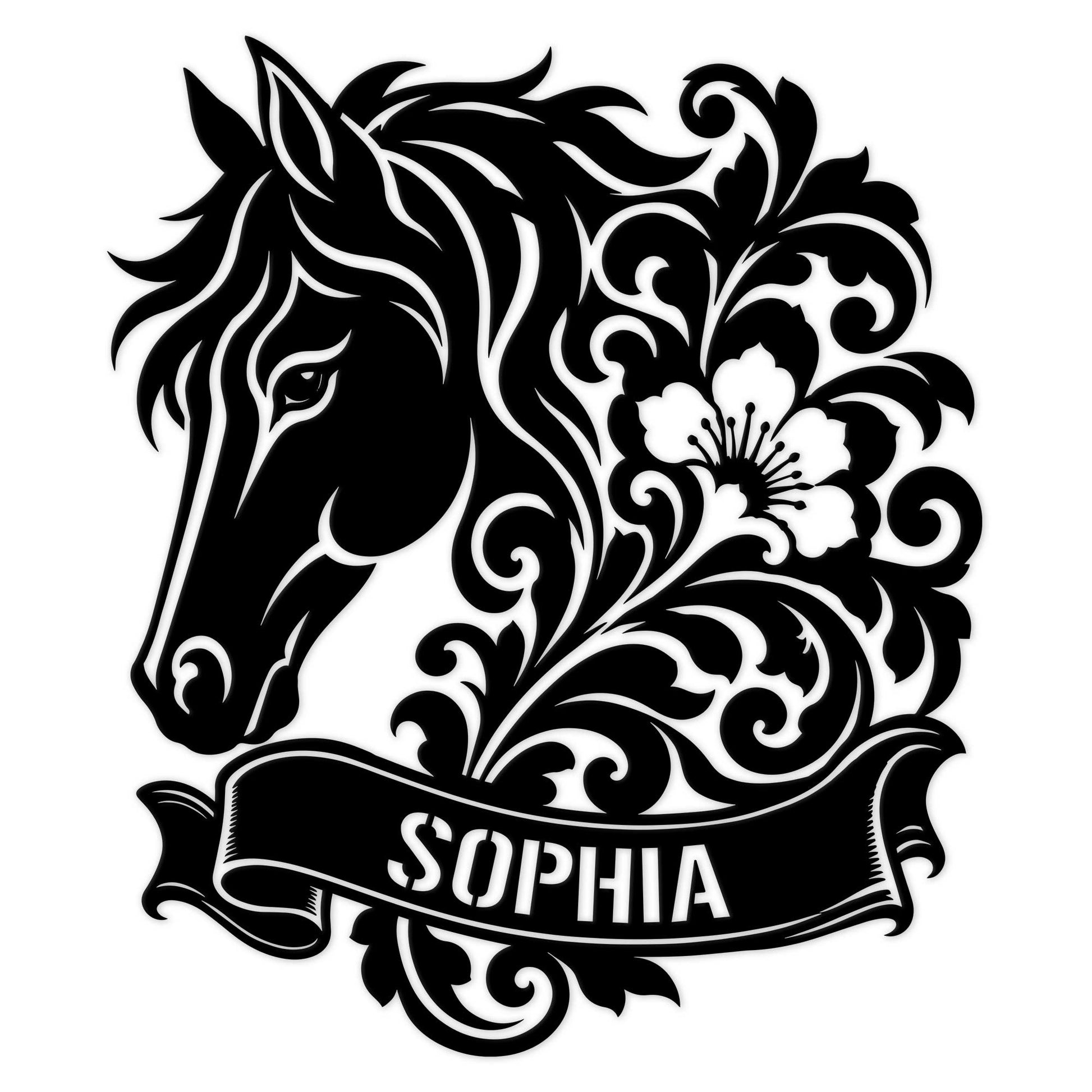 Ornate horse head metal sign with floral scrollwork and decorative banner