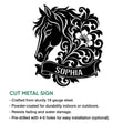 Cut metal horse sign featuring an ornate floral horse head design and decorative banner