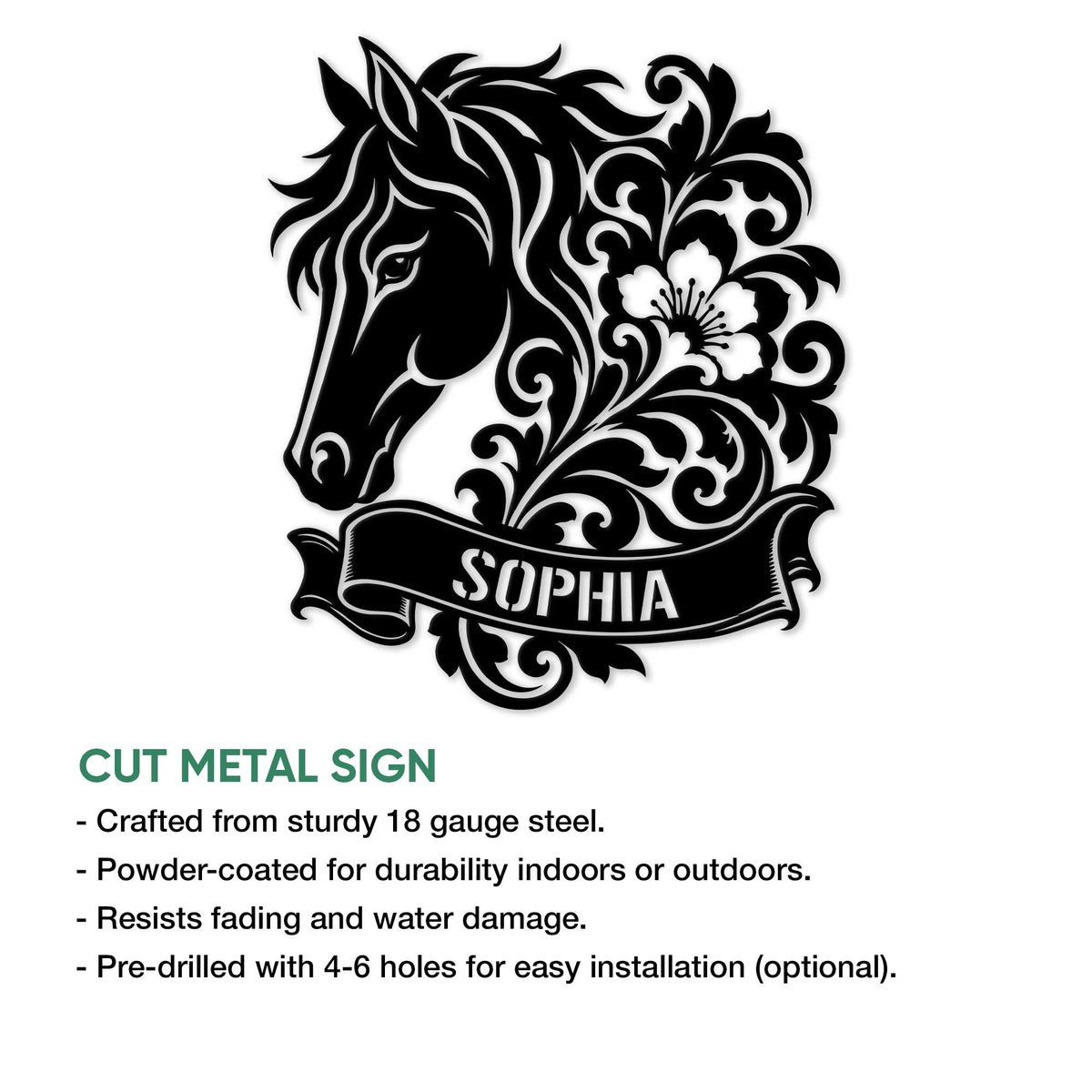 Cut metal horse sign featuring an ornate floral horse head design and decorative banner