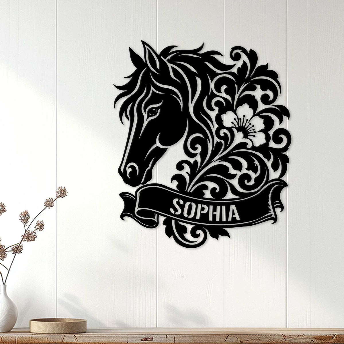 Black horse metal wall art displayed on a light paneled wall in a home decor setting