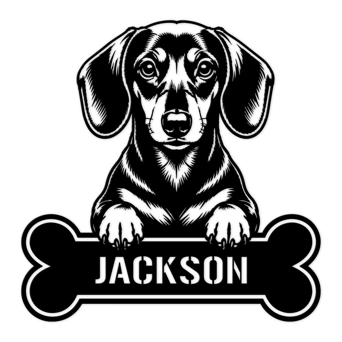 Black and white dachshund portrait metal sign with a bone-shaped plaque design for dog lovers