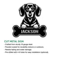Dachshund bone-shaped metal sign shown with cut-metal product feature information