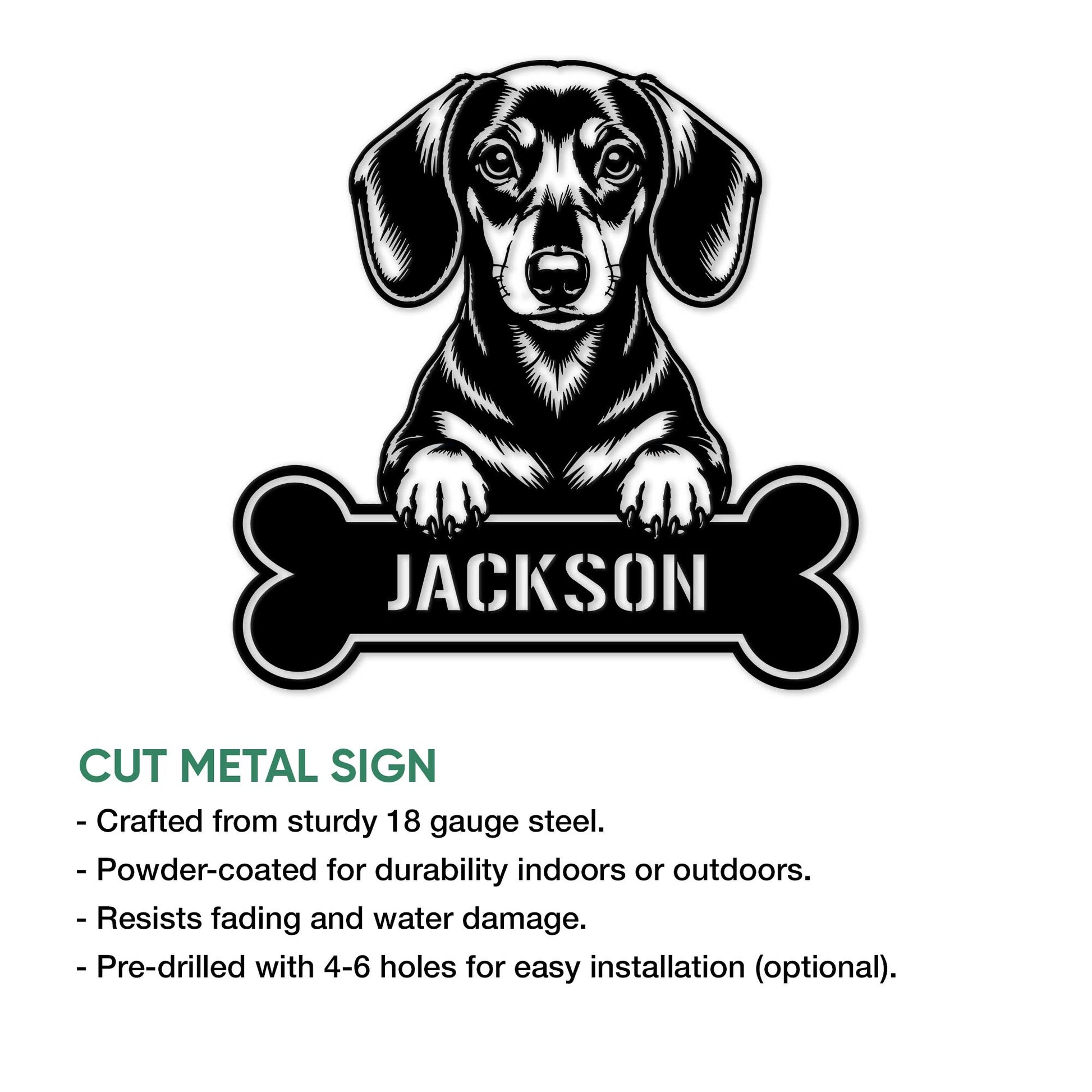 Dachshund bone-shaped metal sign shown with cut-metal product feature information