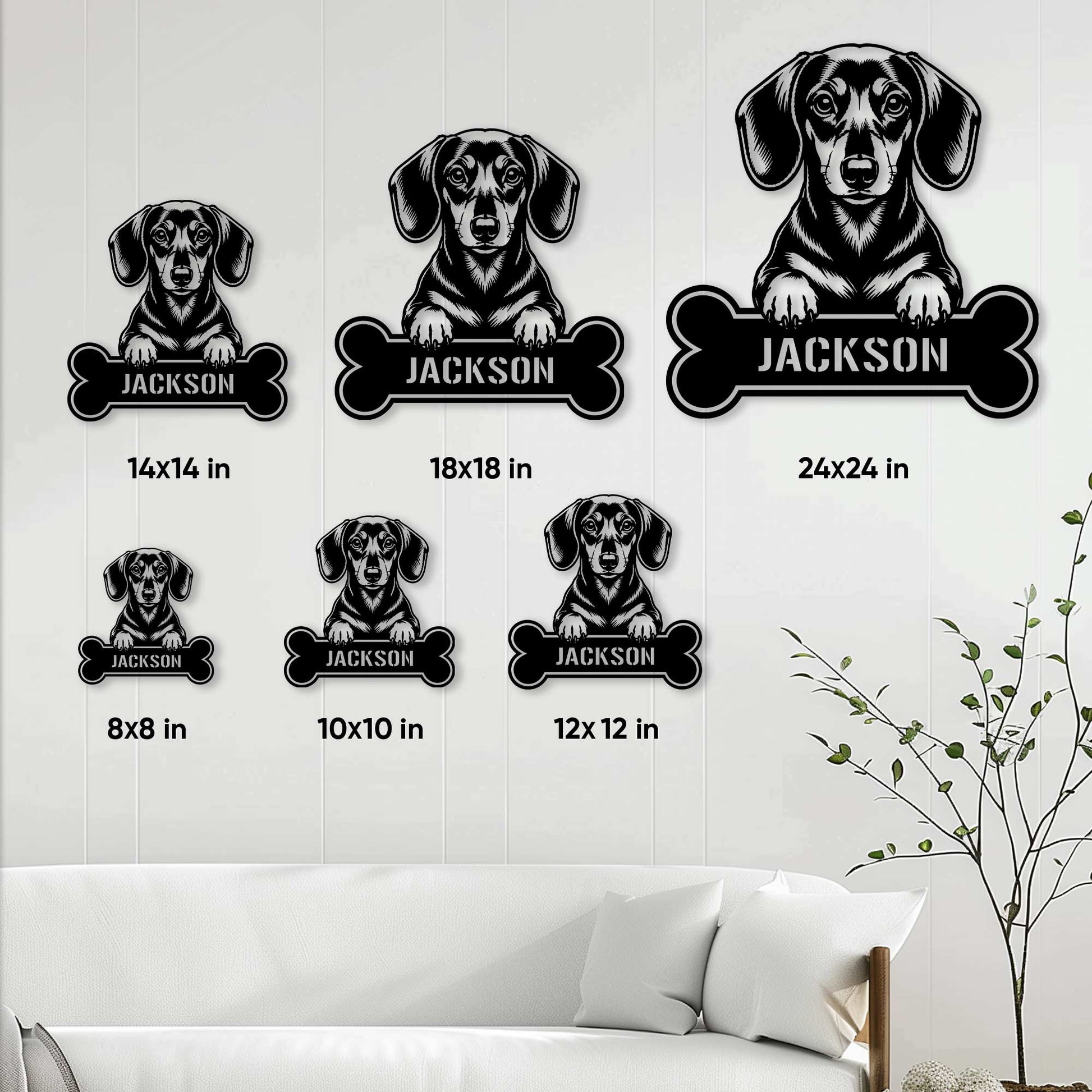 Dachshund bone sign size guide showing multiple scale options for wall decor