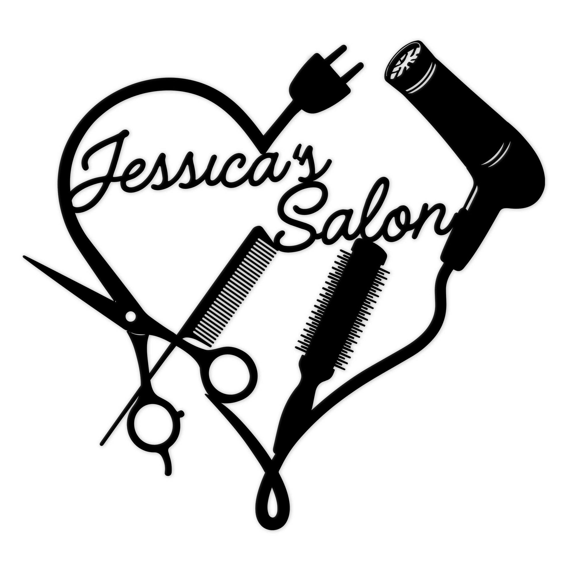 Custom hairstylist metal sign featuring a heart-shaped arrangement of scissors, combs, brushes, and hair dryer