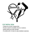Hairstylist metal sign product graphic highlighting the cut-metal salon design and available sign features