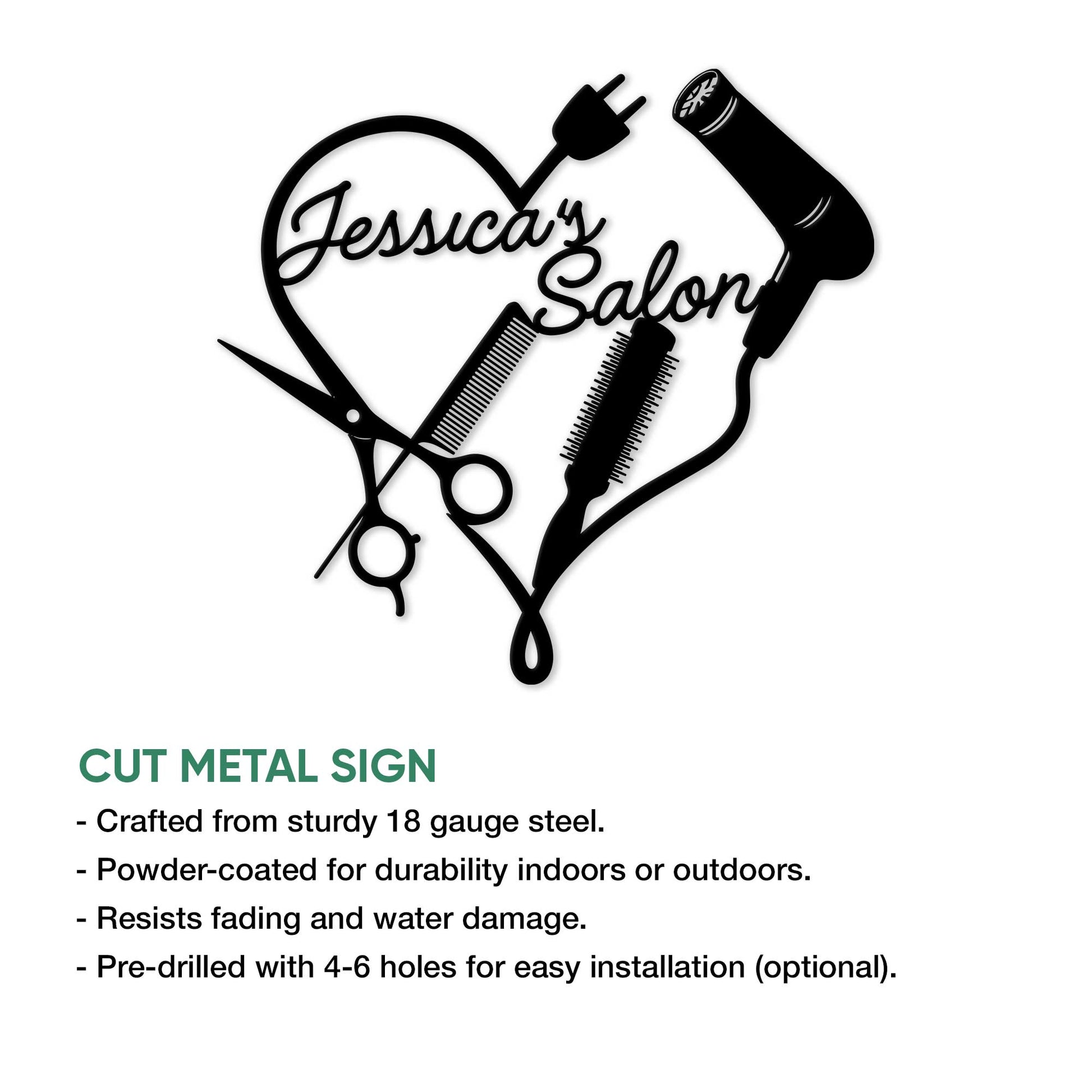 Hairstylist metal sign product graphic highlighting the cut-metal salon design and available sign features