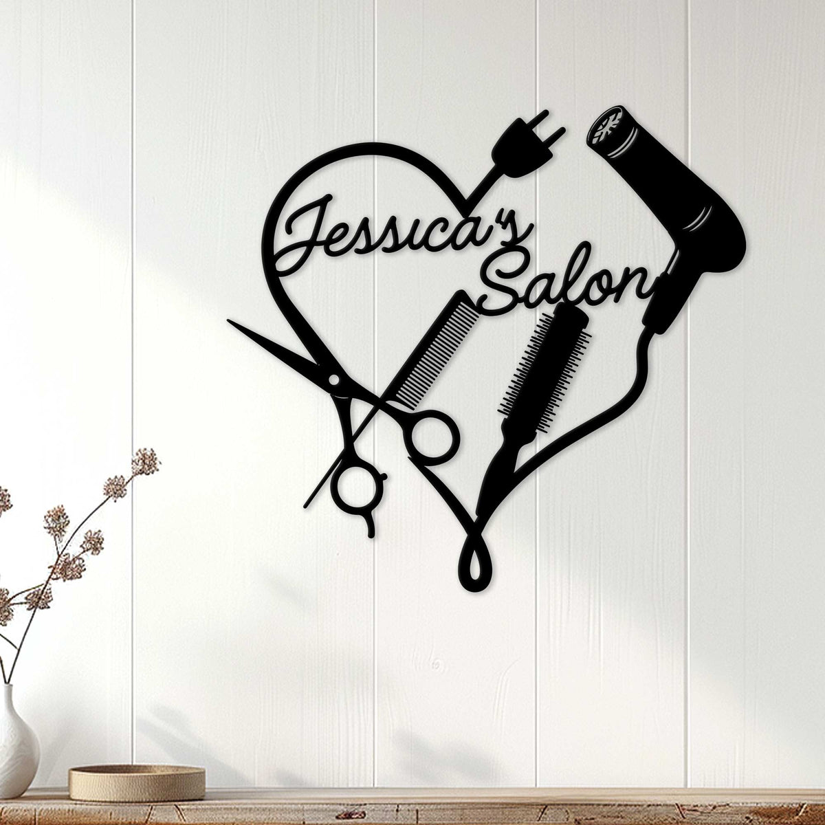 Black hairstylist wall sign displayed on a light wood-paneled wall in a salon-inspired interior