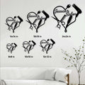 Hairstylist metal sign size guide showing multiple square sizes displayed above a modern sofa