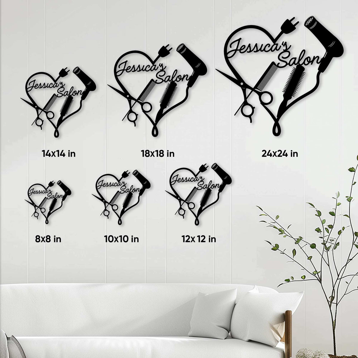 Hairstylist metal sign size guide showing multiple square sizes displayed above a modern sofa