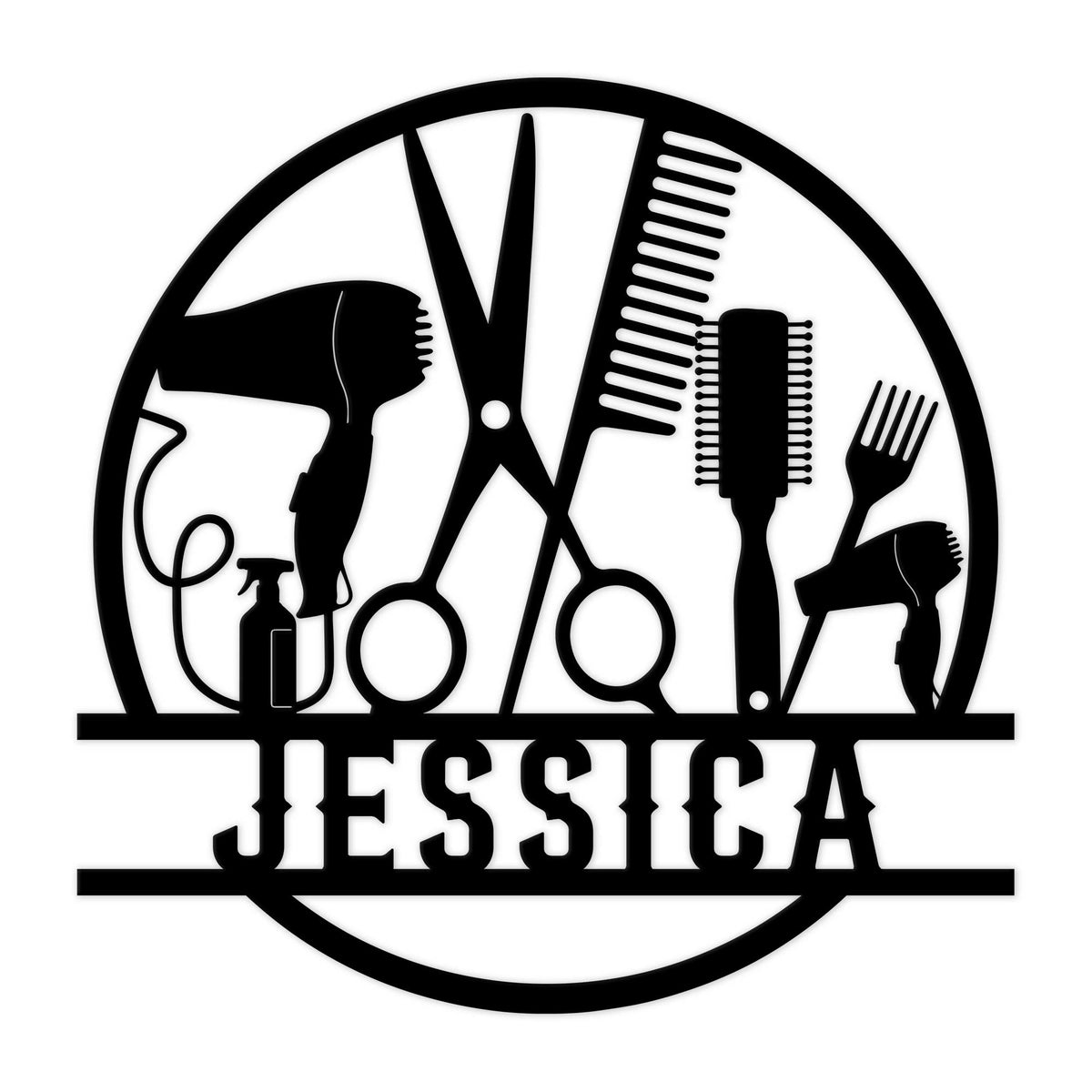 Round hairstylist metal sign featuring scissors, hair dryers, brushes, combs, and salon tools