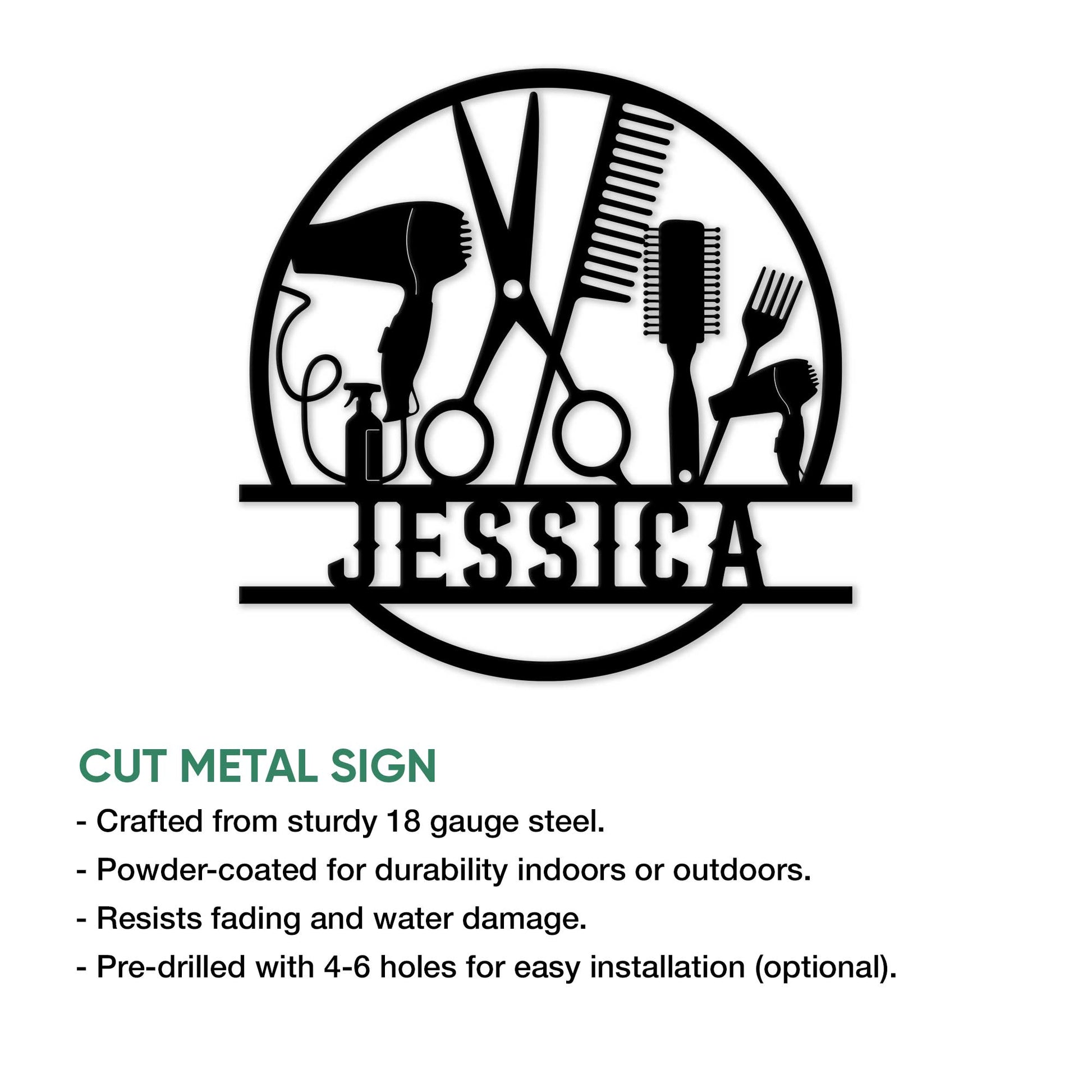Cut metal hairstylist sign feature graphic showing salon tools and indoor or outdoor display details