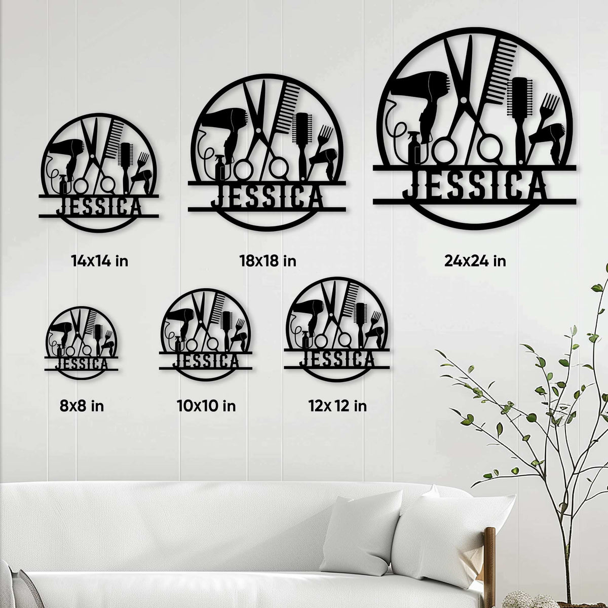Hairstylist metal sign size guide showing round designs in 8, 10, 12, 14, 18, and 24 inch sizes