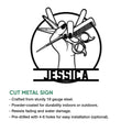 Hairstylist cut metal sign shown with salon tool artwork and product feature details