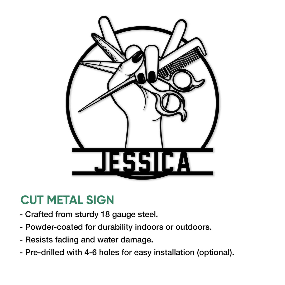 Hairstylist cut metal sign shown with salon tool artwork and product feature details