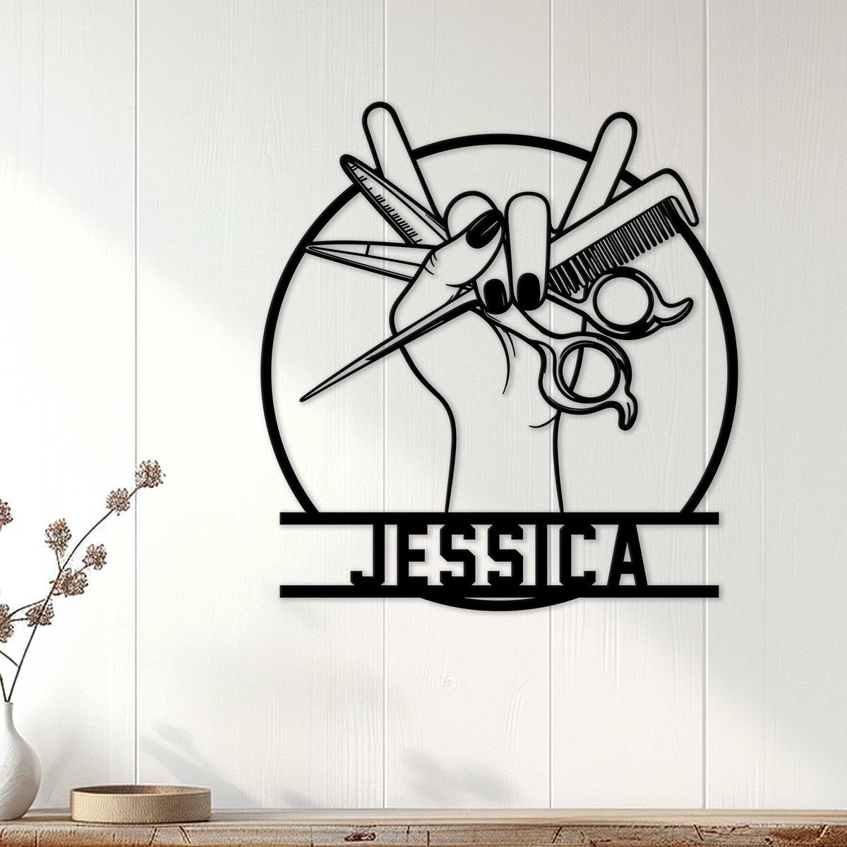 Hairstylist metal wall sign displayed on white paneling above a console table