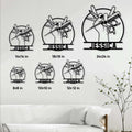 Hairstylist metal sign size guide showing multiple square size options in a salon-style room