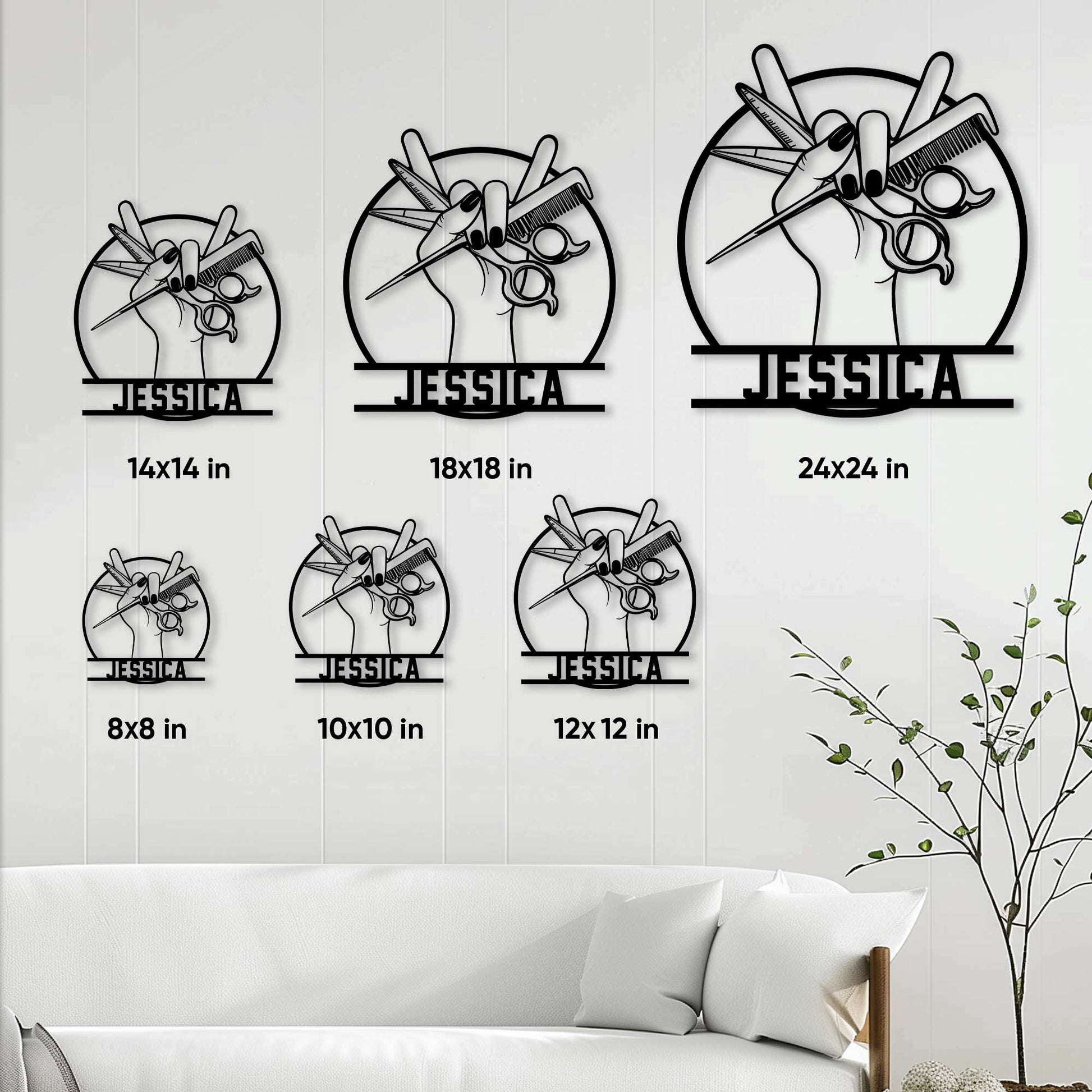 Hairstylist metal sign size guide showing multiple square size options in a salon-style room