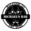 Custom bartender metal sign with wine bottles, cocktail glasses, and clinking wine glasses in a bar design