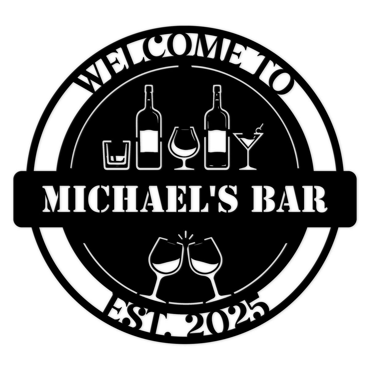 Custom bartender metal sign with wine bottles, cocktail glasses, and clinking wine glasses in a bar design