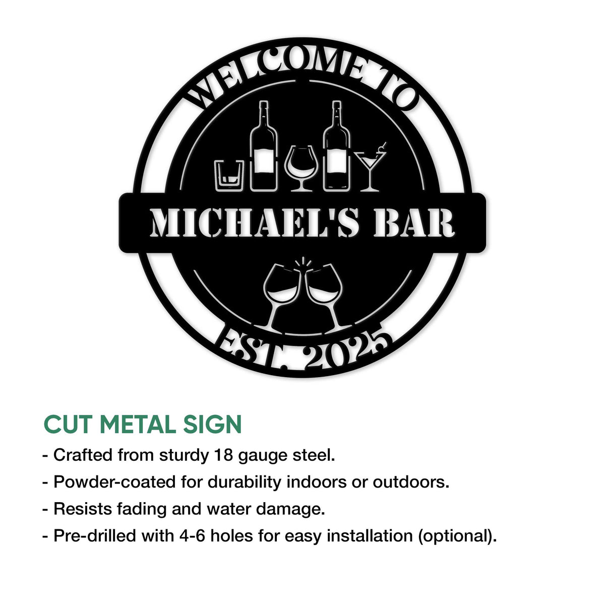 Bartender metal sign shown with wine bottles, cocktail glass icons, and a welcoming home bar theme